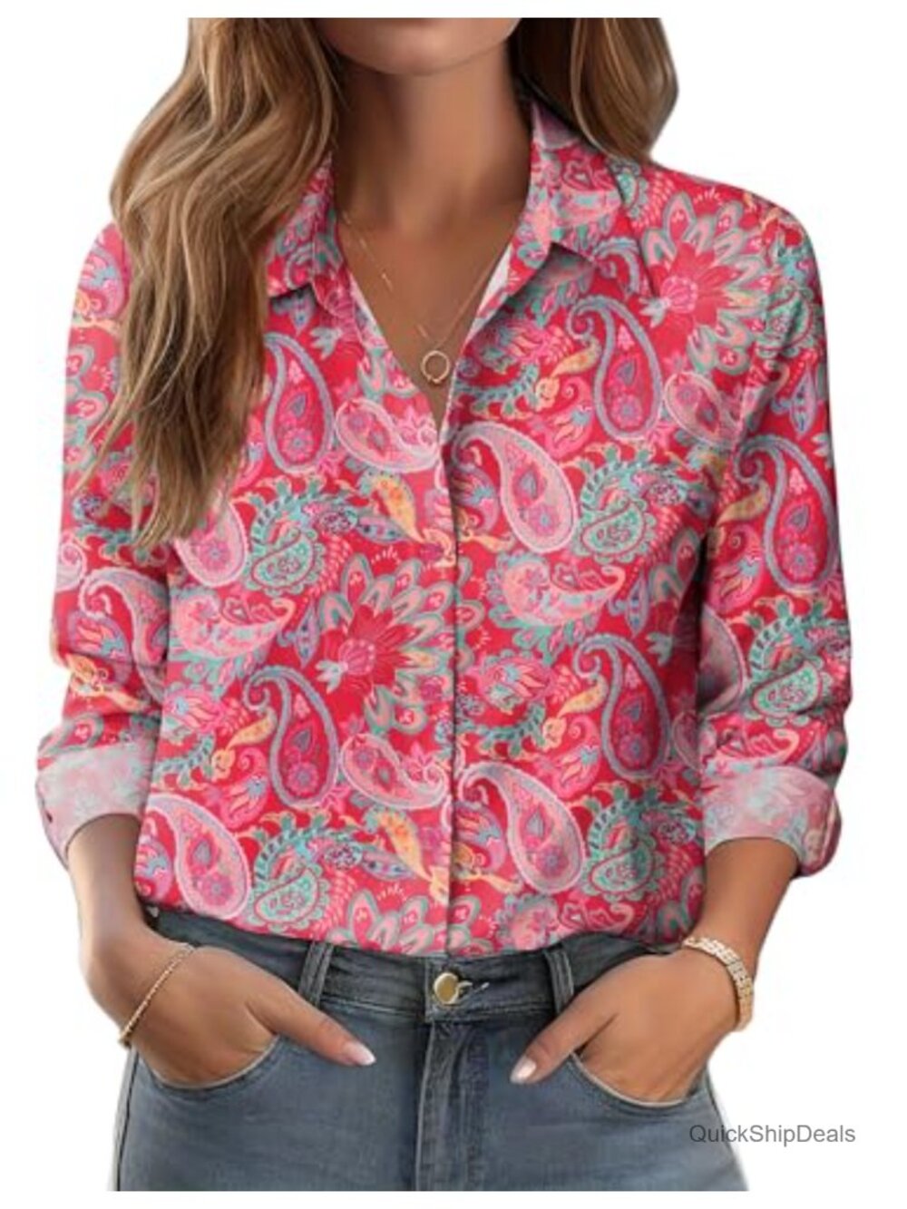 Zeagoo Button Down Shirt Women V-Neck Long Sleeve Dressy Boho Blouse